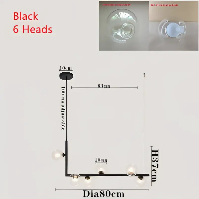 Modern black pendant light with six spherical glass shades for dining room featuring double glass shade design