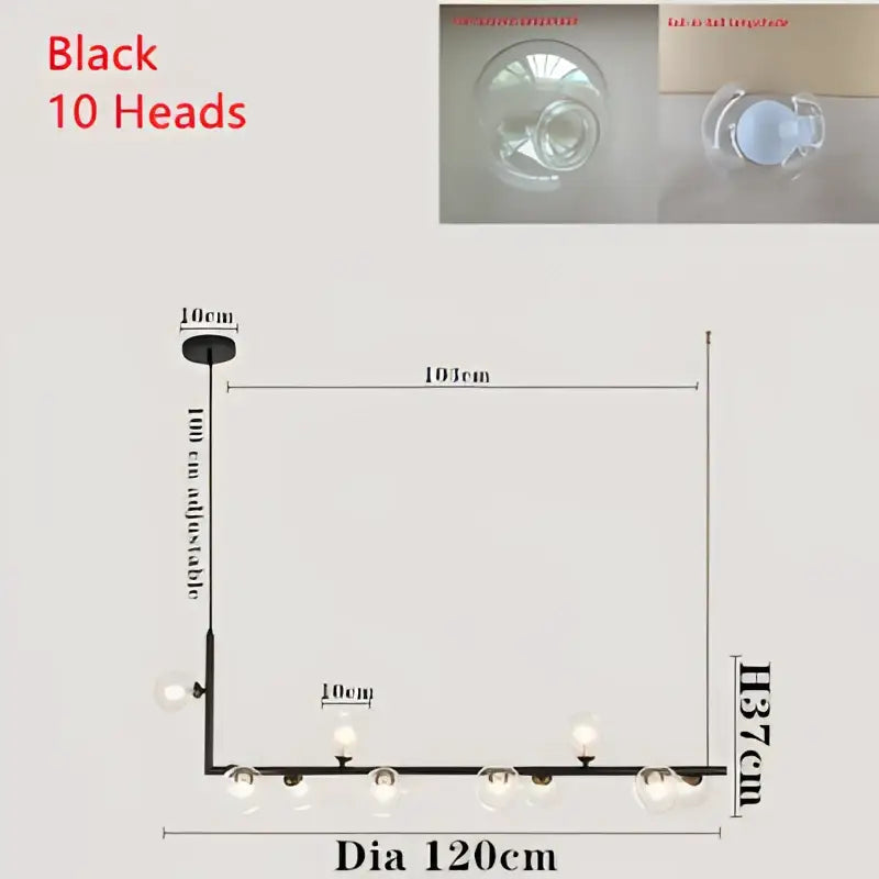 Modern black metal pendant light with ten spherical glass shades for dining room lighting needs