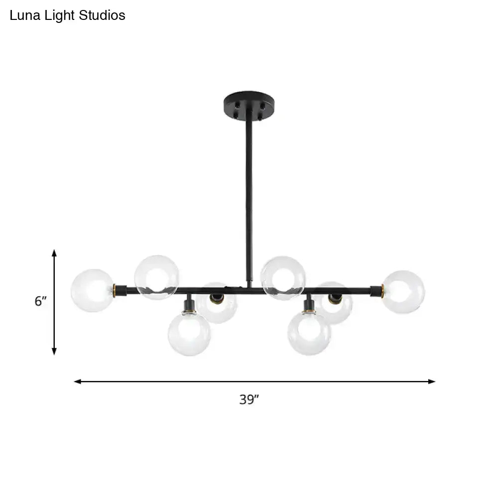 Modern black 8-head kitchen chandelier featuring a black metal light kit with clear glass shade globe bulbs