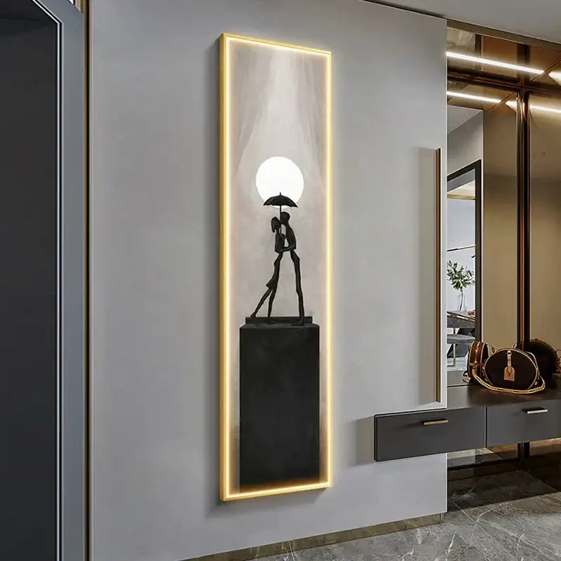 Modern black metal wall lamp featuring decorbites abstract art of a couple under umbrella with warm led lighting