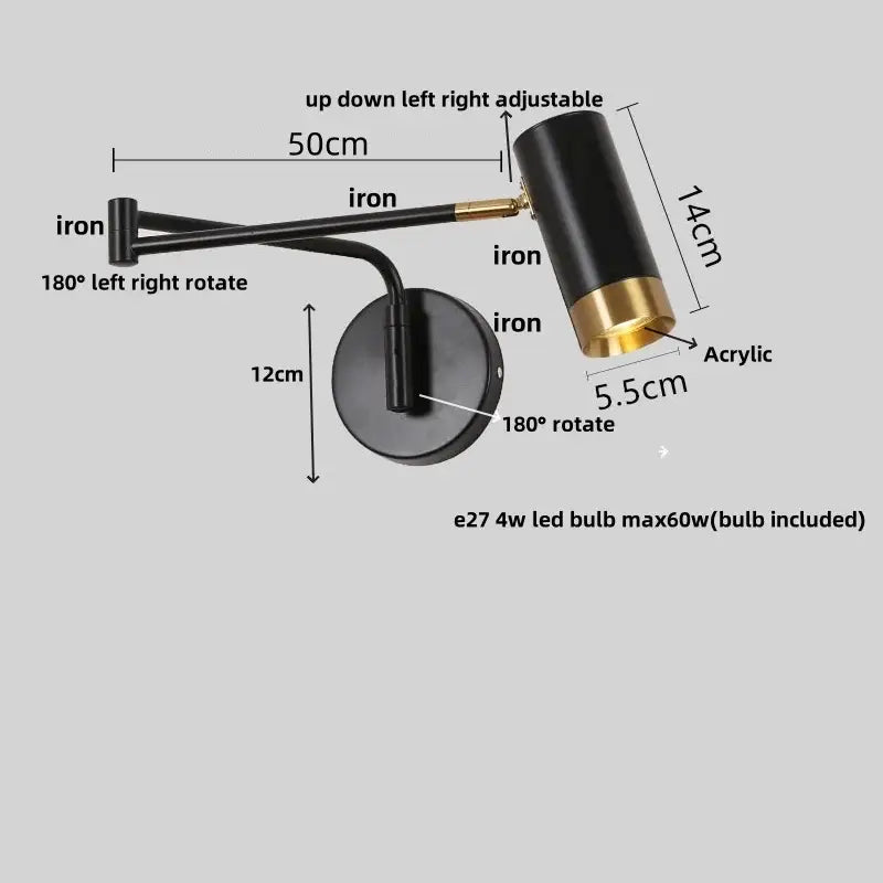 Modern black acrylic iron led wall lamp with adjustable gold iron arms and acrylic shade for bedroom reading light decorbites acrylic iron