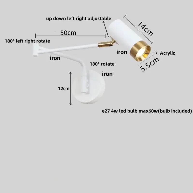 Adjustable white and gold wall lamp with decorbites acrylic iron led spotlight for bedroom reading light