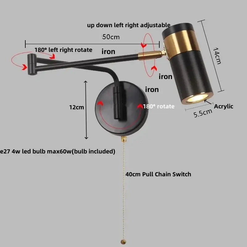 Modern black acrylic iron led wall lamp with adjustable brass details and acrylic shade for bedroom reading decorbites acrylic iron