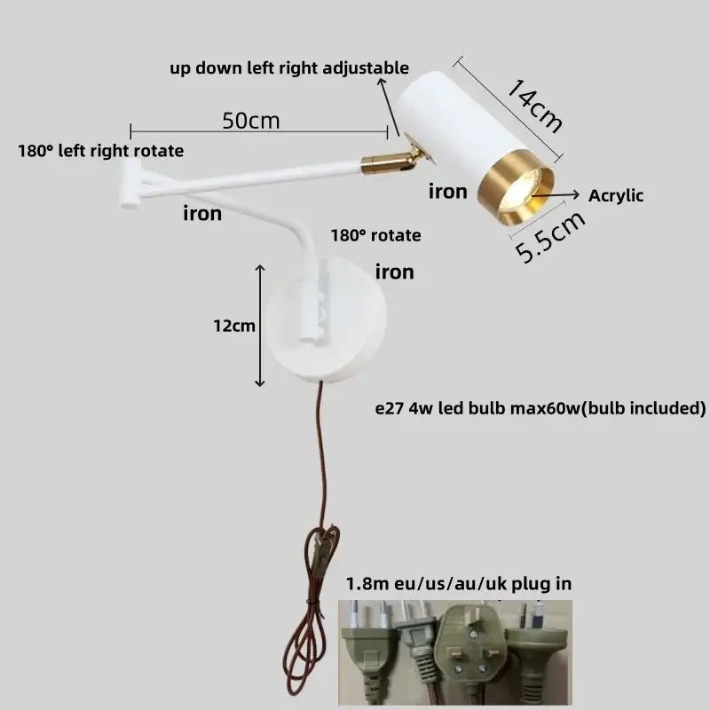 Modern white and brass adjustable wall lamp with acrylic iron led spotlight for bedroom decorbites acrylic iron led lighting