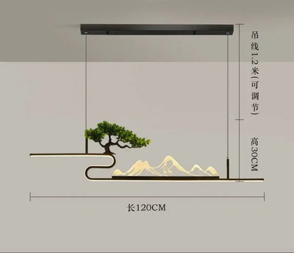 Modern black acrylic mountain peak pendant lights featuring illuminated bonsai tree and mountain landscape decorbites design