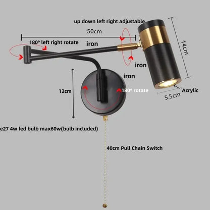 Modern black adjustable acrylic iron led wall lamp with brass accents and acrylic shade for bedroom reading decorbites acrylic iron
