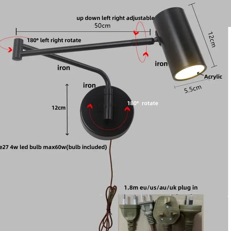 Modern black adjustable acrylic iron led wall lamp with a cylindrical shade for bedroom reading by decorbites acrylic iron