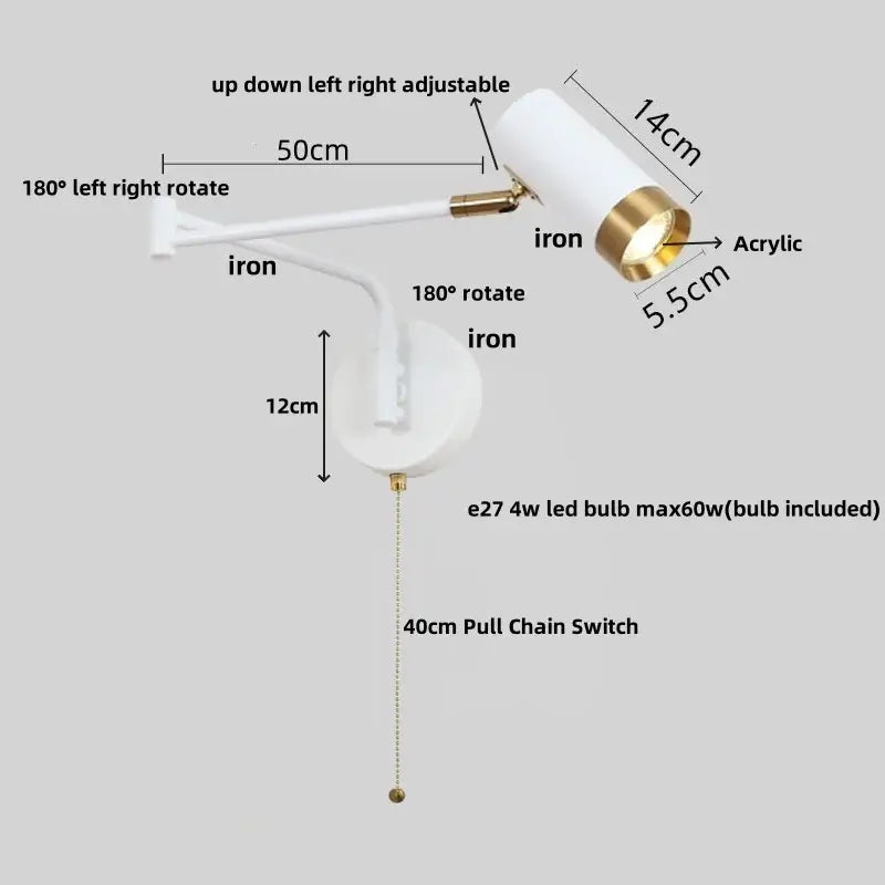 White and gold adjustable wall lamp with acrylic head in decorbites acrylic iron led design for bedroom reading light