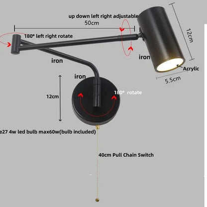 Modern black wall lamp with adjustable iron frame, acrylic led shade, and 40cm pull chain switch for bedroom reading light