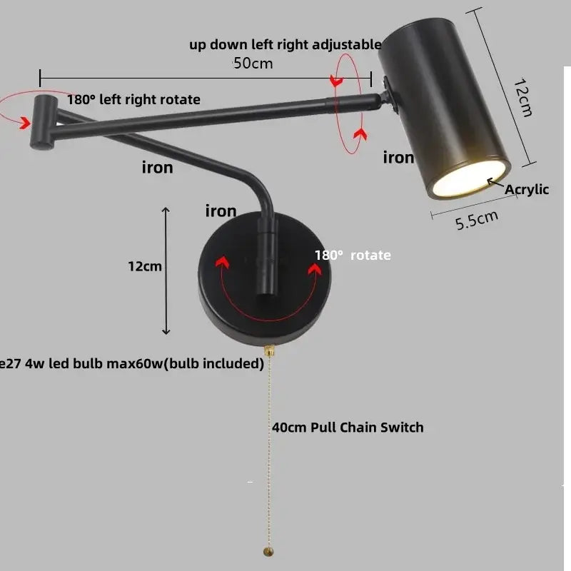 Modern black wall lamp with adjustable iron frame, acrylic led shade, and 40cm pull chain switch for bedroom reading light