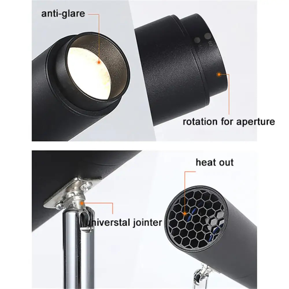 Modern black adjustable focus track lights featuring a cylindrical led spotlight with anti glare lens and honeycomb heat sink design
