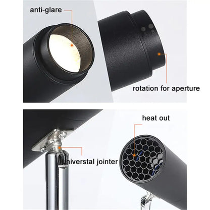 Modern black adjustable focus track lights featuring a cylindrical led spotlight with anti glare lens and honeycomb heat sink design