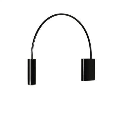 Black arched wall lamp with two cylindrical light fixtures, modern adjustable rocker bedroom sconce by decorbites
