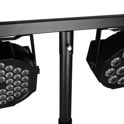 Modern black adjustable tripod stand with stage lights featuring multiple circular bulbs arranged in a grid pattern
