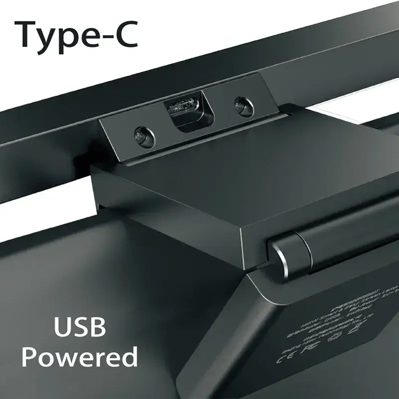 Black matte usb-c charging port on the back of a modern black aluminium monitor light bar for office eye care