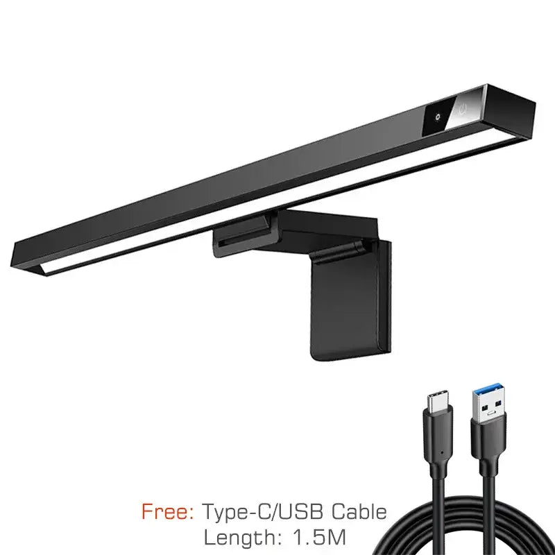 Modern black aluminium monitor light bar with matte finish and slim profile designed as an office eye care lamp