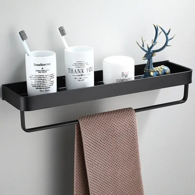 Black aluminum bathroom shelf with towel rack hooks made of aluminum for shower organization by decorbites black aluminum