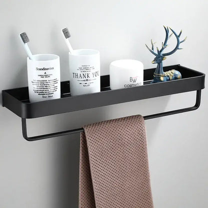 Black aluminum bathroom shelf with towel rack hooks made of aluminum for shower organization by decorbites black aluminum