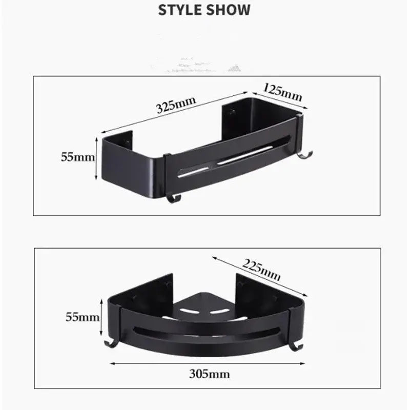 Modern black aluminum corner shelf with three tiers and integrated hooks for bathroom storage by decorbites black aluminum wall