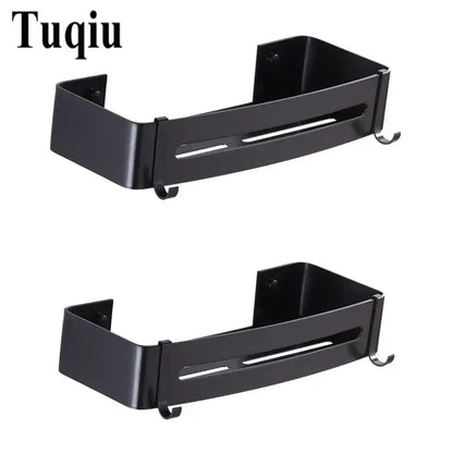 Black aluminum wall mounted corner shelf with three tiers hooks and central slot for bathroom storage decorbites black aluminum