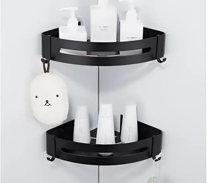Modern black aluminum corner shelf with two tier design and integrated hooks for bathroom storage by decorbites black aluminum wall