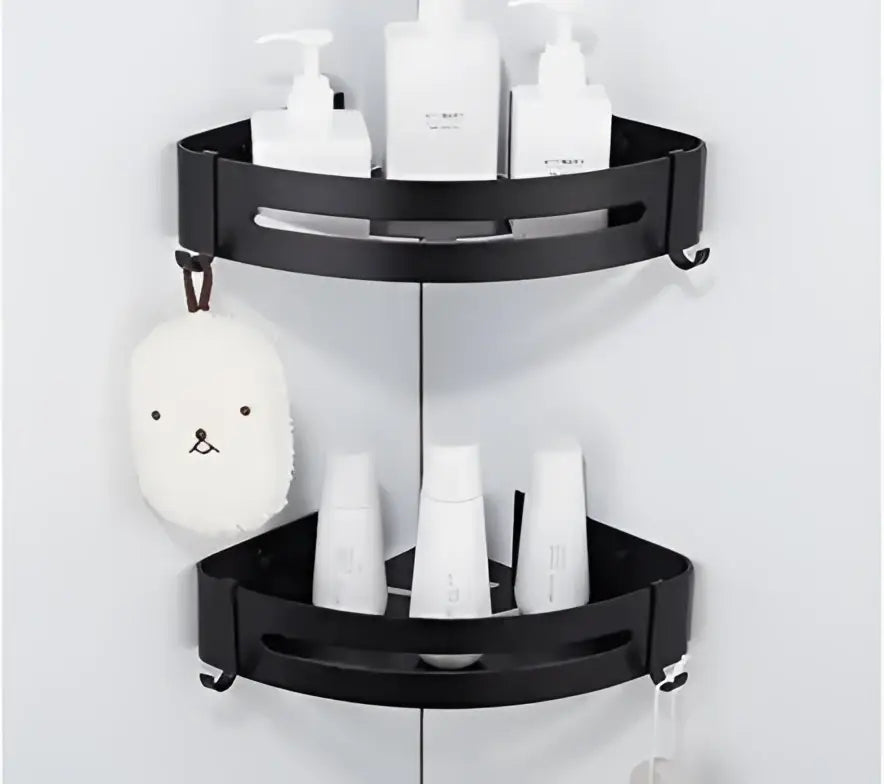 Black aluminum bathroom two-tier corner shelf with integrated hooks modern decorbites black aluminum caddy