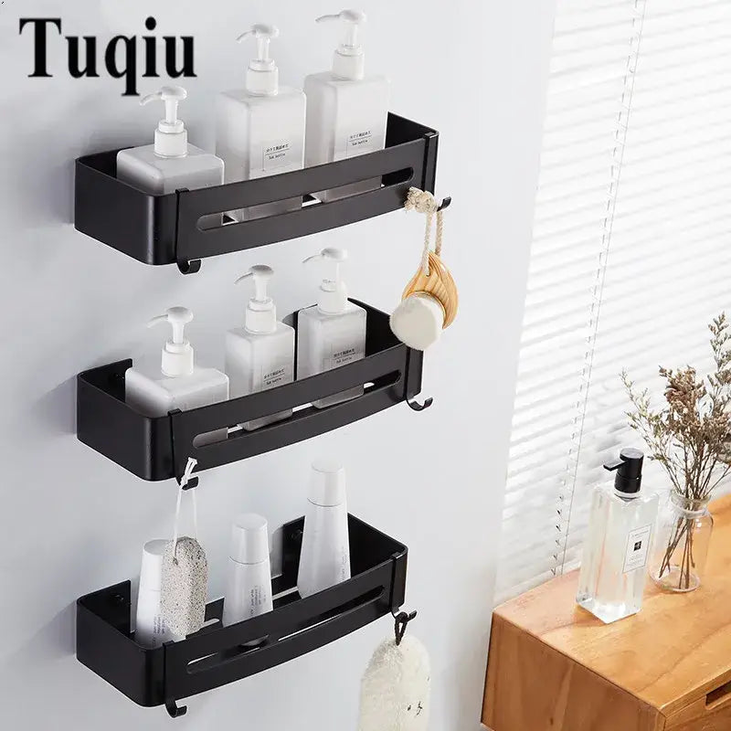 Modern black aluminum bathroom corner shelf with three tiers and hooks for bath accessories by decorbites black aluminum