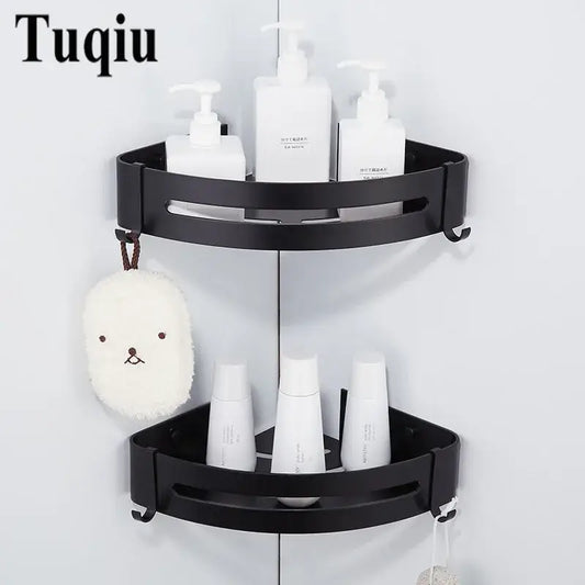 Black aluminum bathroom corner shelf with two tiers, slotted shelves, and hooks by decorbites for bathroom storage