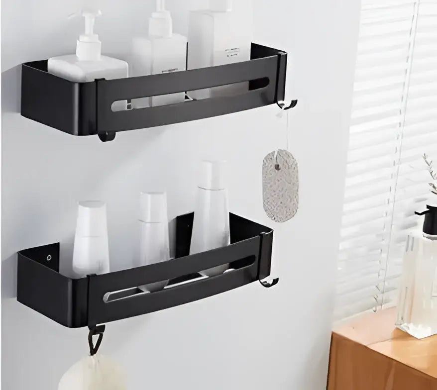 Modern black aluminum corner shelf bathroom storage caddy with two tiers holding white bottles and hooks by decorbites black aluminum