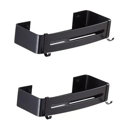 Black metal wall-mounted spice rack corner shelf with hooks and central slot by decorbites black aluminum bathroom storage