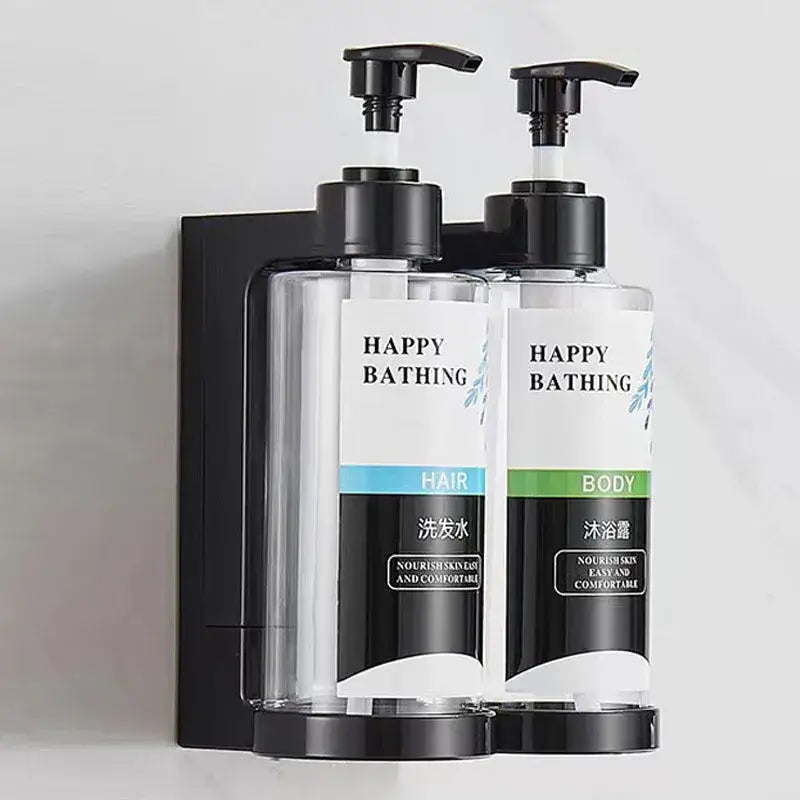 Black wall-mounted dual amber soap dispenser holding clear happy bathing bottles for hair and body decorbites amber soap set
