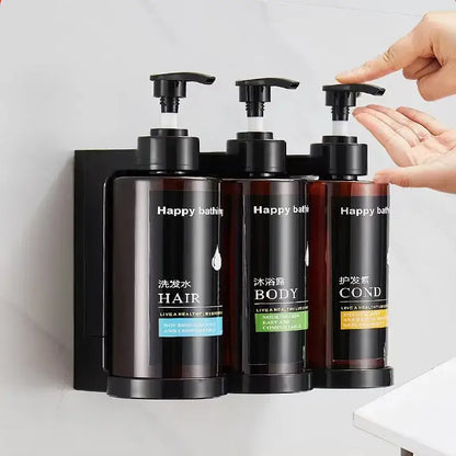 Modern black amber soap dispenser set wall mounted with three labeled amber soap dispenser bottles for hair body and conditioner