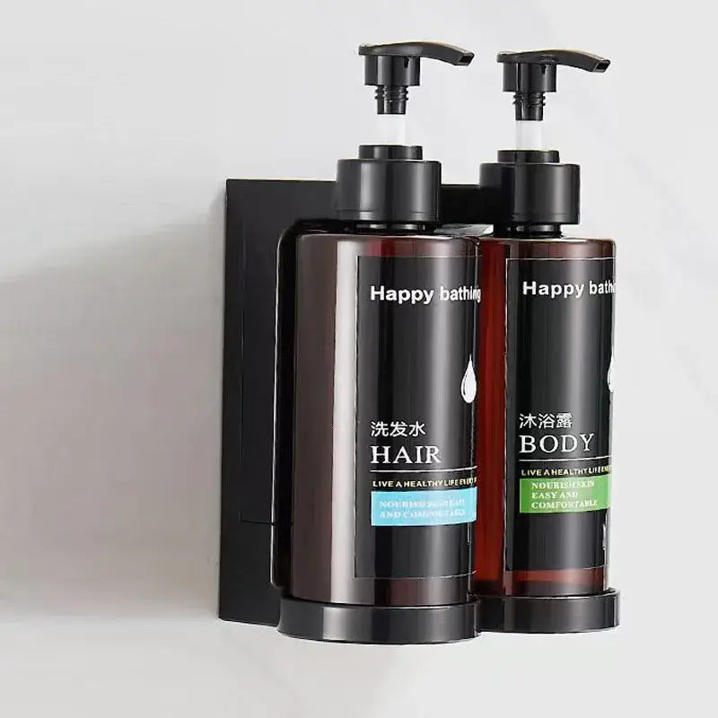 Modern black amber soap dispenser set with wall-mounted black amber soap dispenser holding two happy bathing bottles