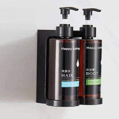 Modern black amber soap dispenser set with wall-mounted black amber soap dispenser holding two happy bathing bottles