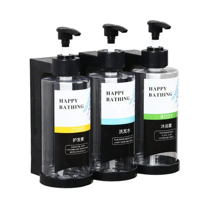 Set of three transparent plastic pump bottles with black caps labeled conditioner shampoo and body lotion for decorbites amber soap dispenser bathroom use