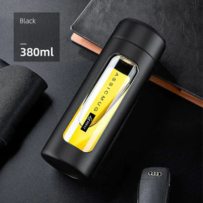 Modern black and amber insulated glass water bottle travel mug with 380ml capacity and yellow interior visible through window