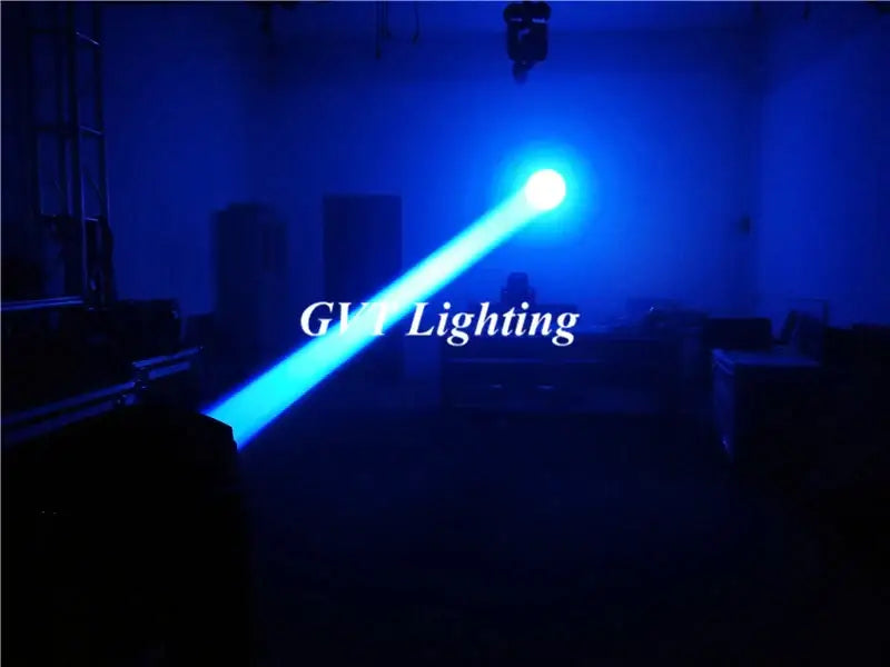 A modern black and blue 200w led moving head light with a bright blue laser beam for party room illumination