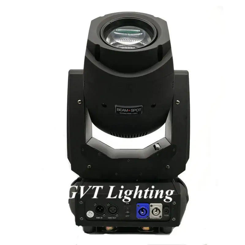 Modern black and blue 200w led moving head light with sleek angular design and multiple input ports on the base back view