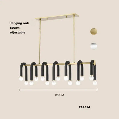 Modern black aluminum tube dimmable chandelier with brass u-shaped design and 14 exposed bulb sockets for dining room decorbites black aluminum