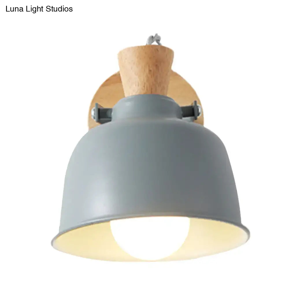 Gray metal pendant wall light with wooden backplate and hanging fixture for modern bedroom sconce lighting