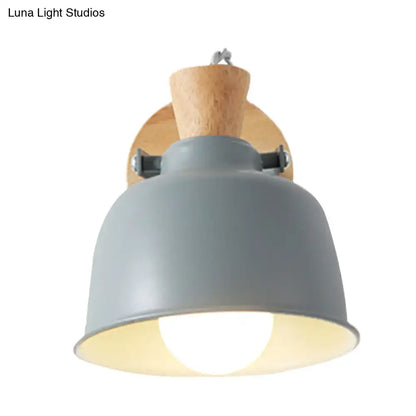 Gray metal pendant wall light with wooden backplate and hanging fixture for modern bedroom sconce lighting