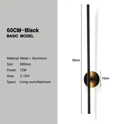 Modern black and brass rotation led wall light with minimalist metal and aluminum rod on circular base for living room