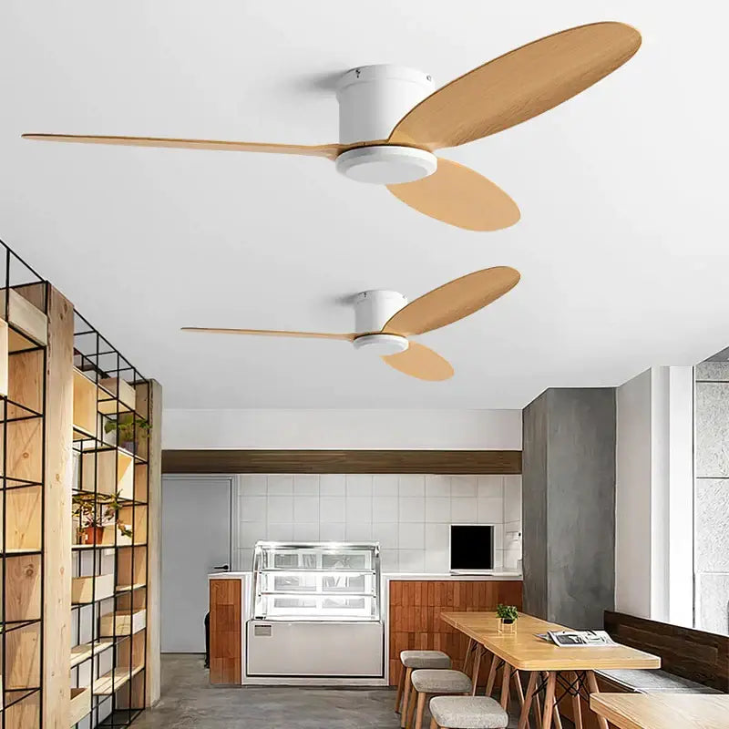 Modern black and brown ceiling fan with sleek white motor housing light wood blades and remote control for living room decorbites black modern
