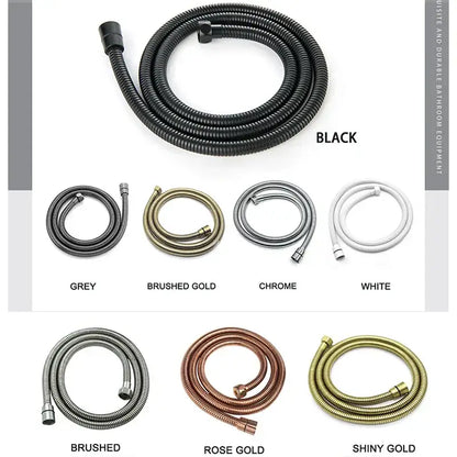 Black flexible shower hose with ribbed texture and metallic connectors for modern handheld shower head with brushed golden finish