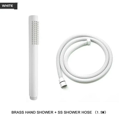 White brass handheld shower head with brushed golden finish and multiple nozzles paired with stainless steel hose