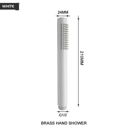 White brass handheld shower head with sleek cylindrical design multiple spray nozzles and brushed golden finish
