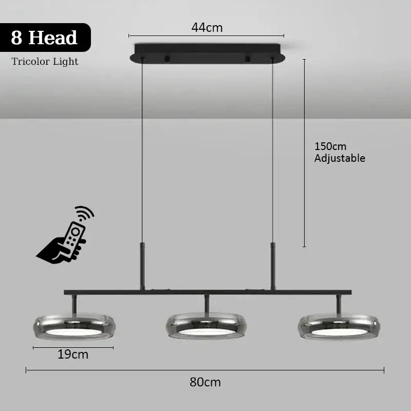 Modern black and chrome pendant light with eight tricolor led heads and remote control for dining table use