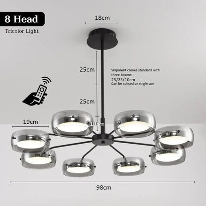 Modern black metal pendant light with eight chrome glass globes and tricolor led remote control for dining table use