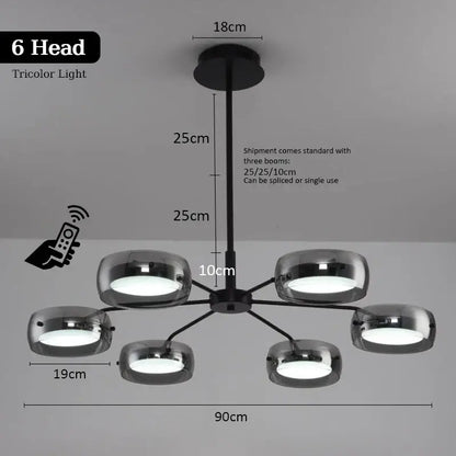 Modern black and chrome pendant light with six chrome glass shades and tricolor led lighting for dining table remote control