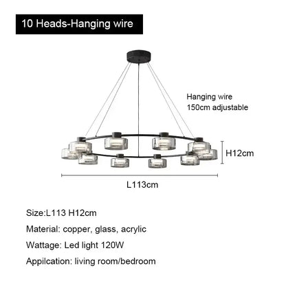 Modern black and chrome glass led chandelier with ten clear acrylic globe lights for living room lighting